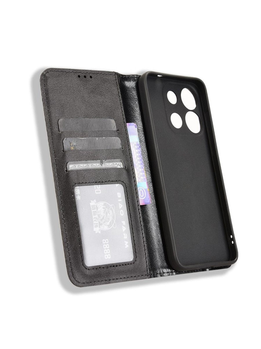 Калъф от еко кожа с ретро текстура тип портмоне за Oukitel C57 Pro - черен