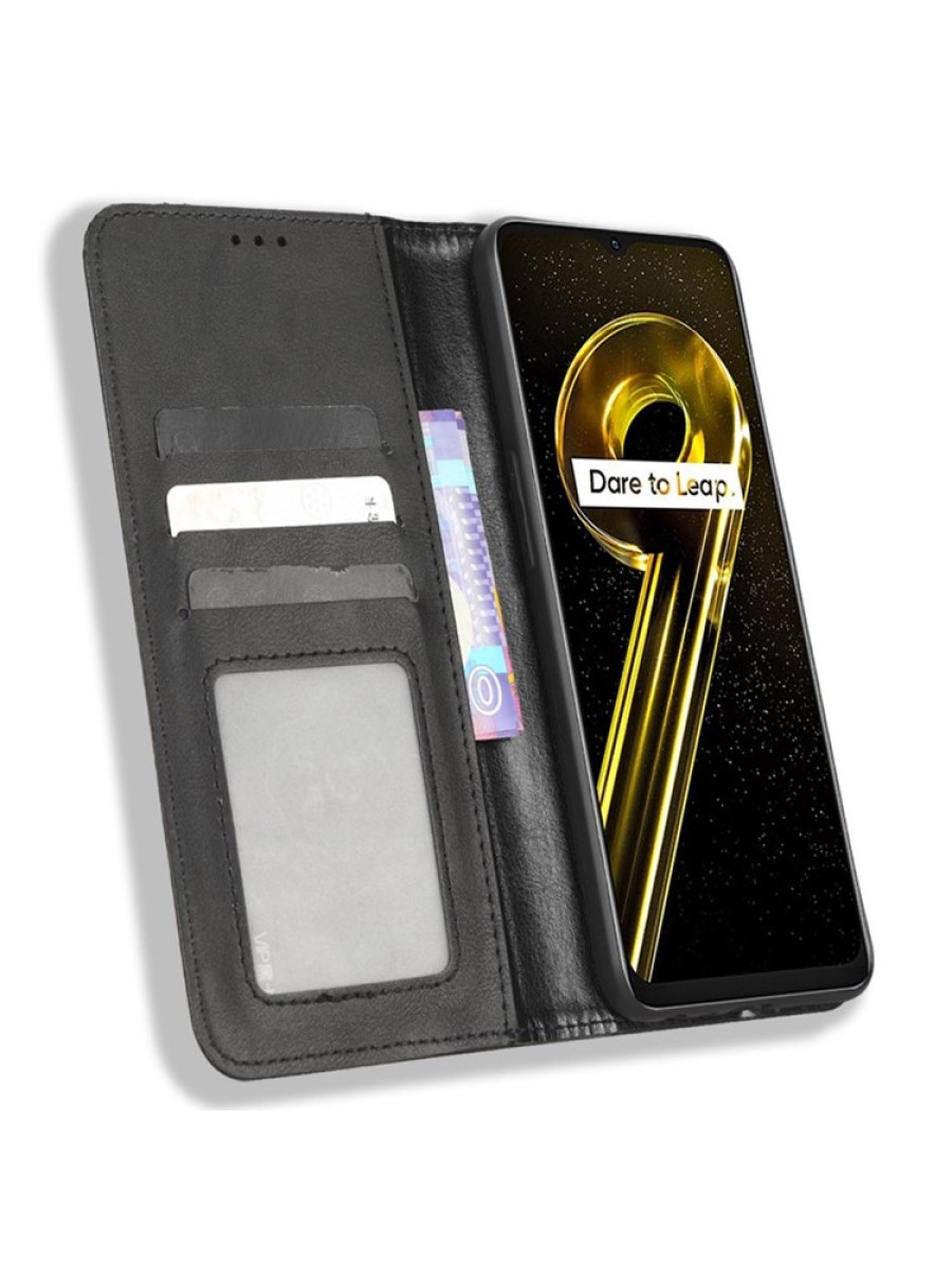 Калъф от еко кожа с ретро текстура тип портмоне за Realme 10 5G - черен