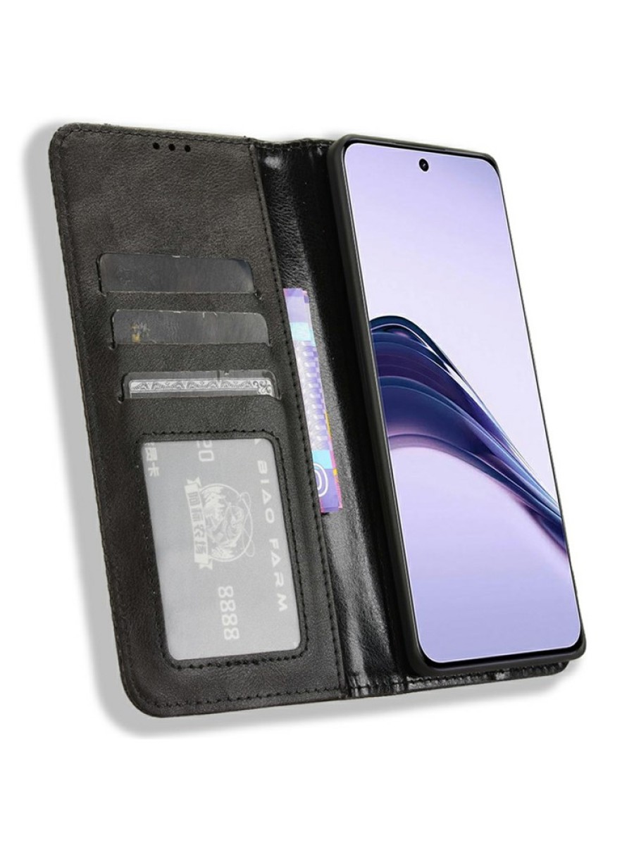 Калъф от еко кожа с ретро текстура тип портмоне за Realme 13+ - черен