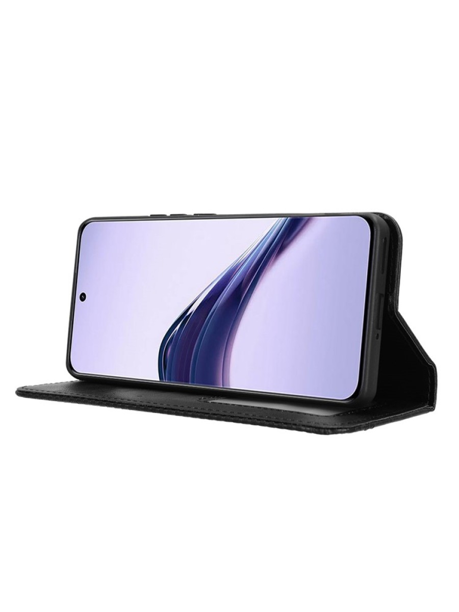 Калъф от еко кожа с ретро текстура тип портмоне за Realme 13 Pro+ - черен