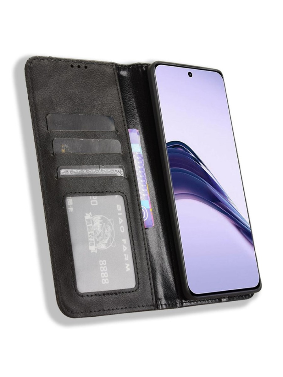 Калъф от еко кожа с ретро текстура тип портмоне за Realme 13 Pro+ - черен