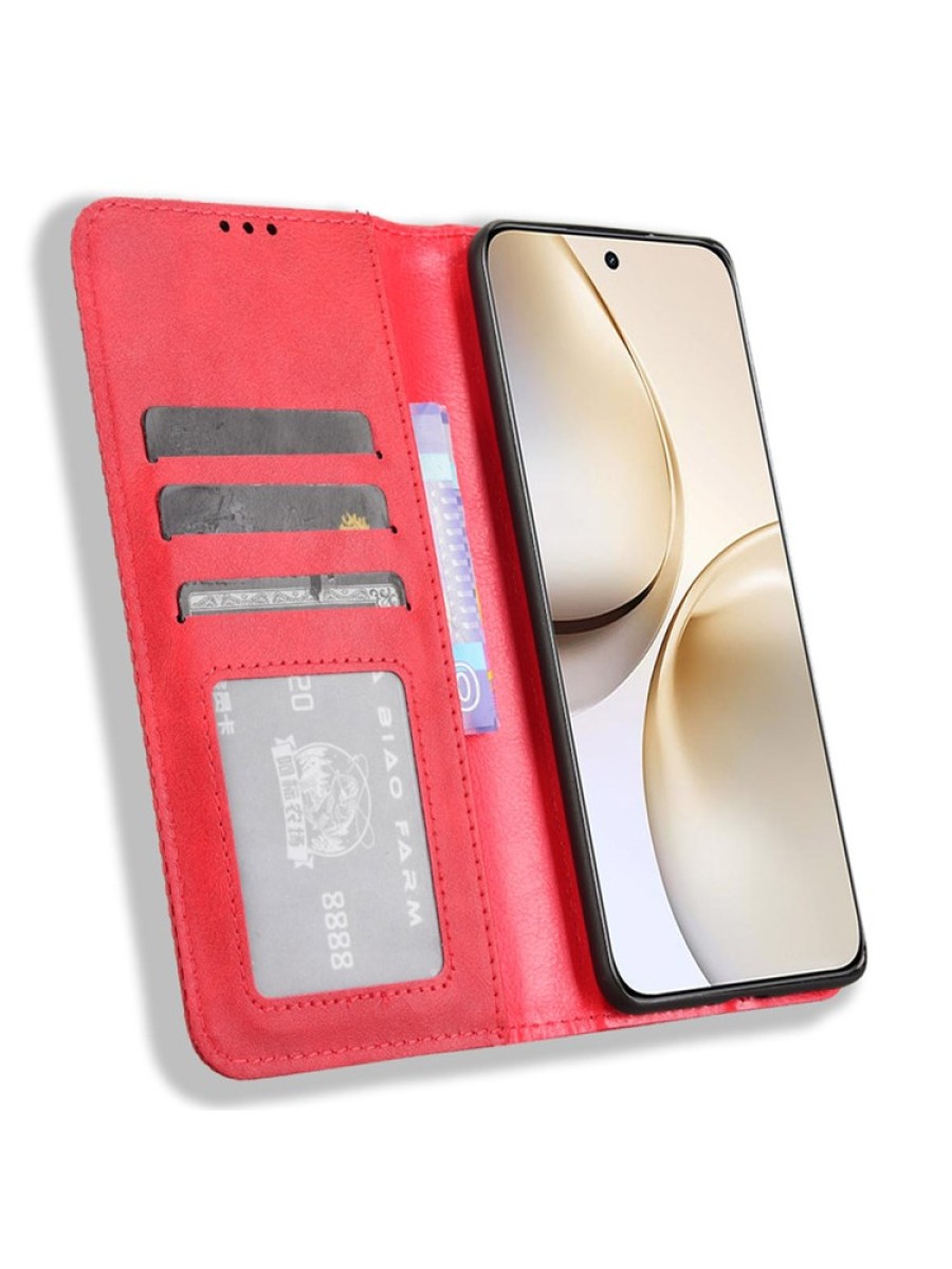 Калъф от еко кожа с ретро текстура тип портмоне за Realme 14 Pro+ - червен