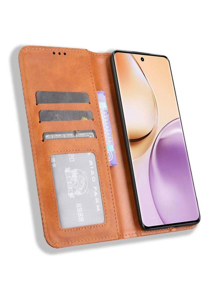 Калъф от еко кожа с ретро текстура тип портмоне за Realme 14 Pro - кафяв