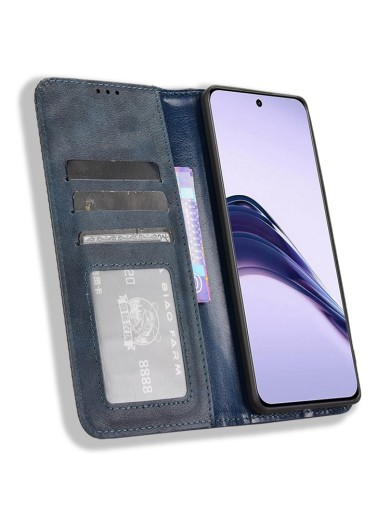 Калъф от еко кожа с ретро текстура тип портмоне за Realme 14 Pro Lite - син