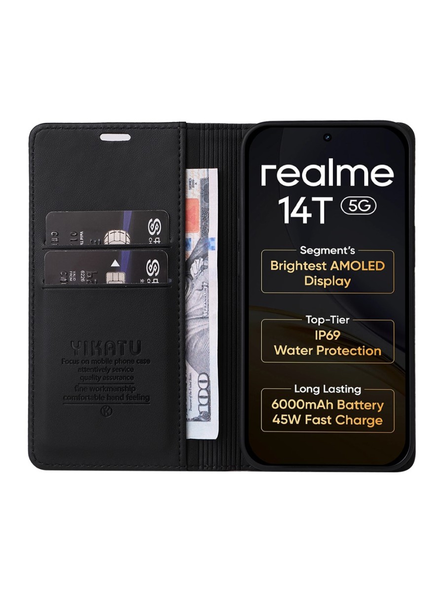 Калъф за телефон от еко кожа тип портмоне за Realme 14T - черен