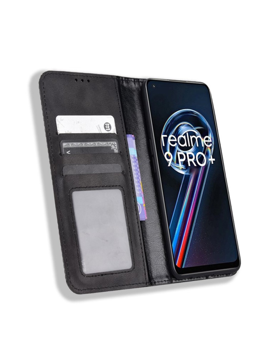 Калъф от еко кожа с ретро текстура тип портмоне за Realme 9 Pro+ - черен