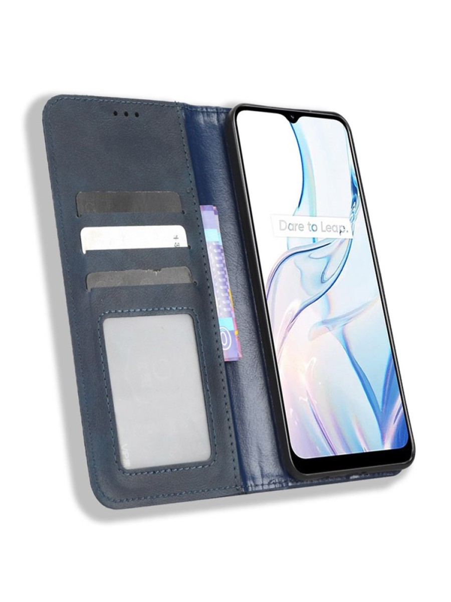 Калъф от еко кожа с ретро текстура тип портмоне за Realme C30 - син