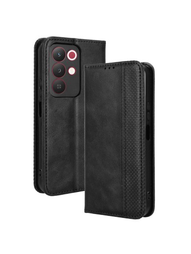 Калъф от еко кожа с ретро текстура тип портмоне за Realme C85 Pro - черен Калъф от еко кожа с ретро текстура тип портмоне за Realme C85 Pro - черен