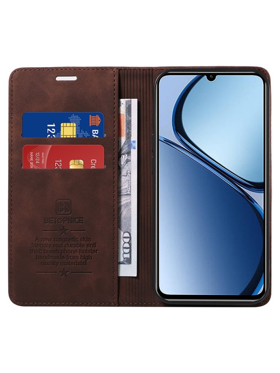 Калъф от еко кожа тип портмоне с RFID  блокираща технология за Realme Note 60 - кафяв