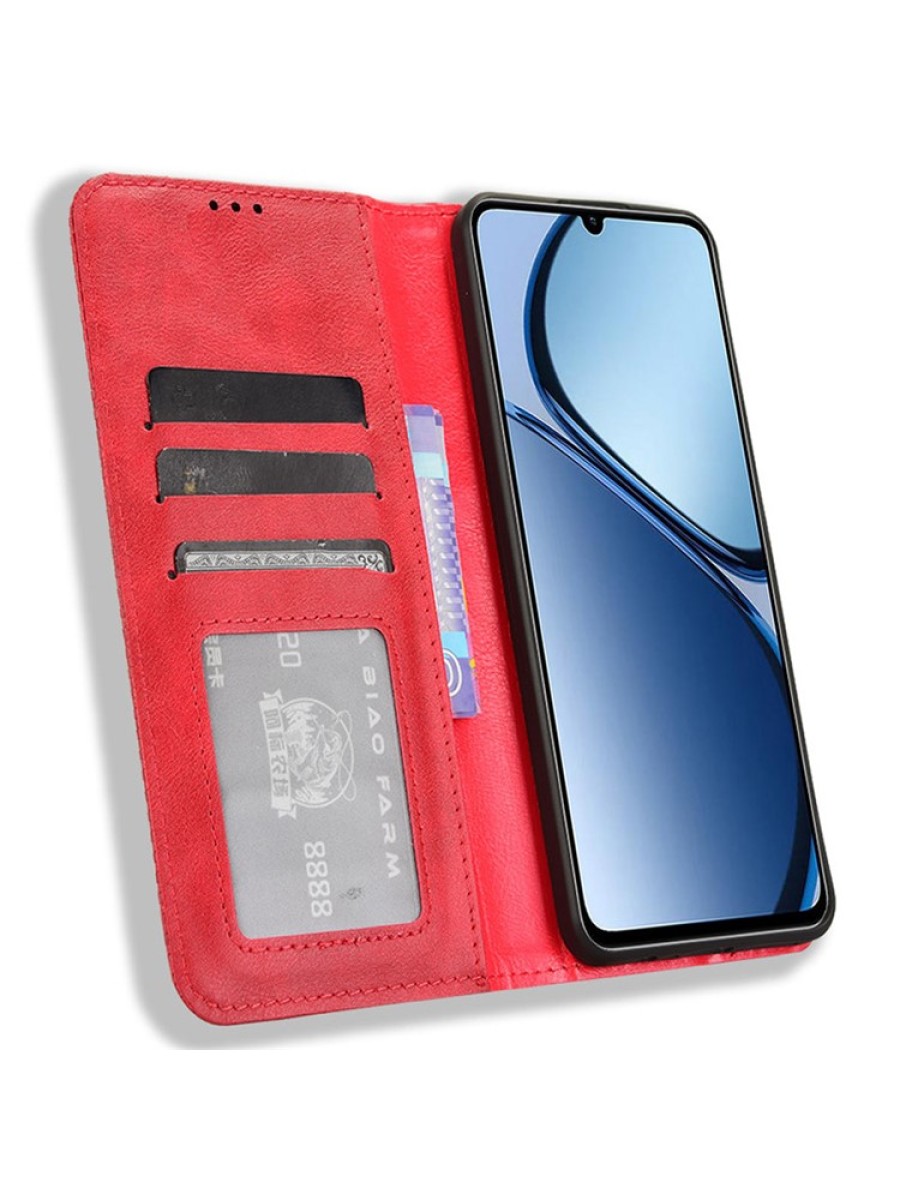 Калъф от еко кожа с ретро текстура тип портмоне за Realme Note 60x - червен