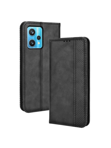 Калъф от еко кожа с ретро текстура тип портмоне за Realme V25 - черен Калъф от еко кожа с ретро текстура тип портмоне за Realme V25 - черен