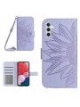 Калъф от еко кожа, тип портмоне с каишка и щампа на слънчоглед за Samsung Galaxy A04s  - лилав
