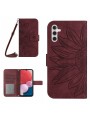 Калъф от еко кожа, тип портмоне с каишка и щампа на слънчоглед за Samsung Galaxy A04s  - червен