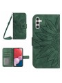 Калъф от еко кожа, тип портмоне с каишка и щампа на слънчоглед за Samsung Galaxy A04s  - зелен