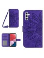 Калъф от еко кожа, тип портмоне с каишка и щампа на слънчоглед за Samsung Galaxy A04s  - лилав