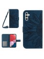 Калъф от еко кожа, тип портмоне с каишка и щампа на слънчоглед за Samsung Galaxy A04s  - син
