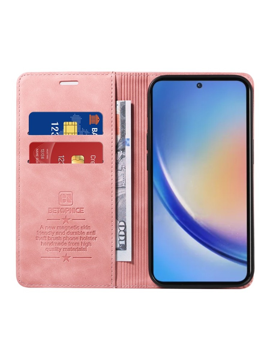 Калъф от еко кожа тип портмоне с RFID  блокираща технология за Samsung Galaxy A35 - розов