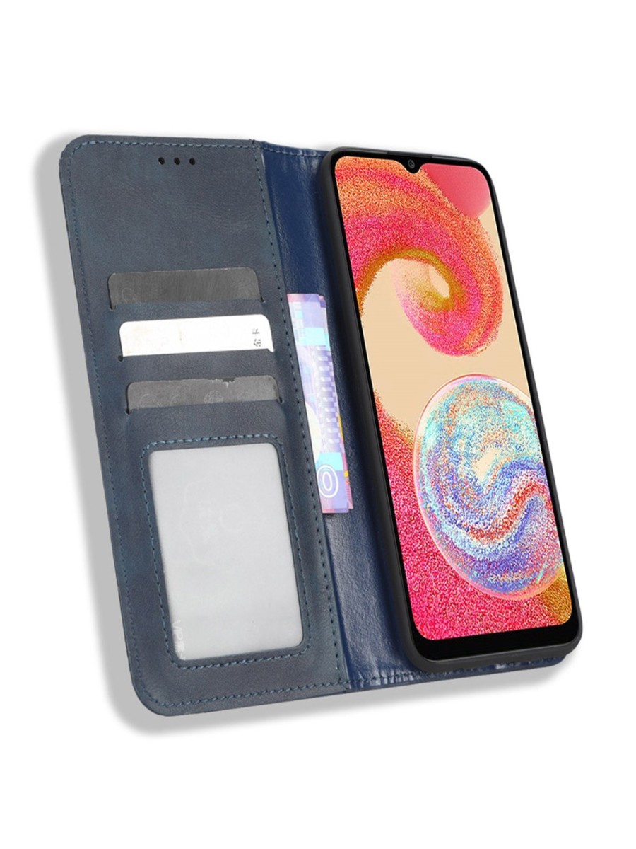 Калъф от еко кожа с ретро текстура тип портмоне за Samsung Galaxy F04 - син