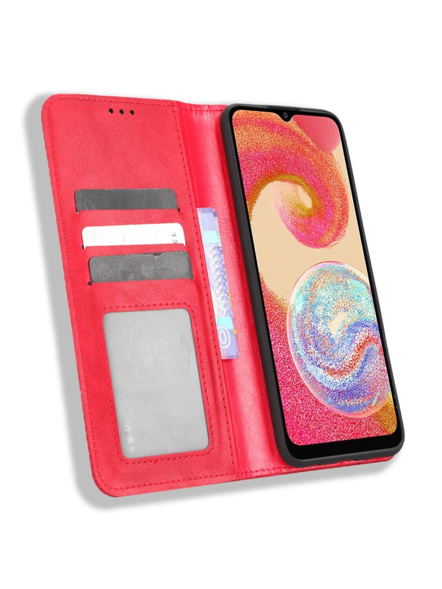 Калъф от еко кожа с ретро текстура тип портмоне за Samsung Galaxy M04 - червен