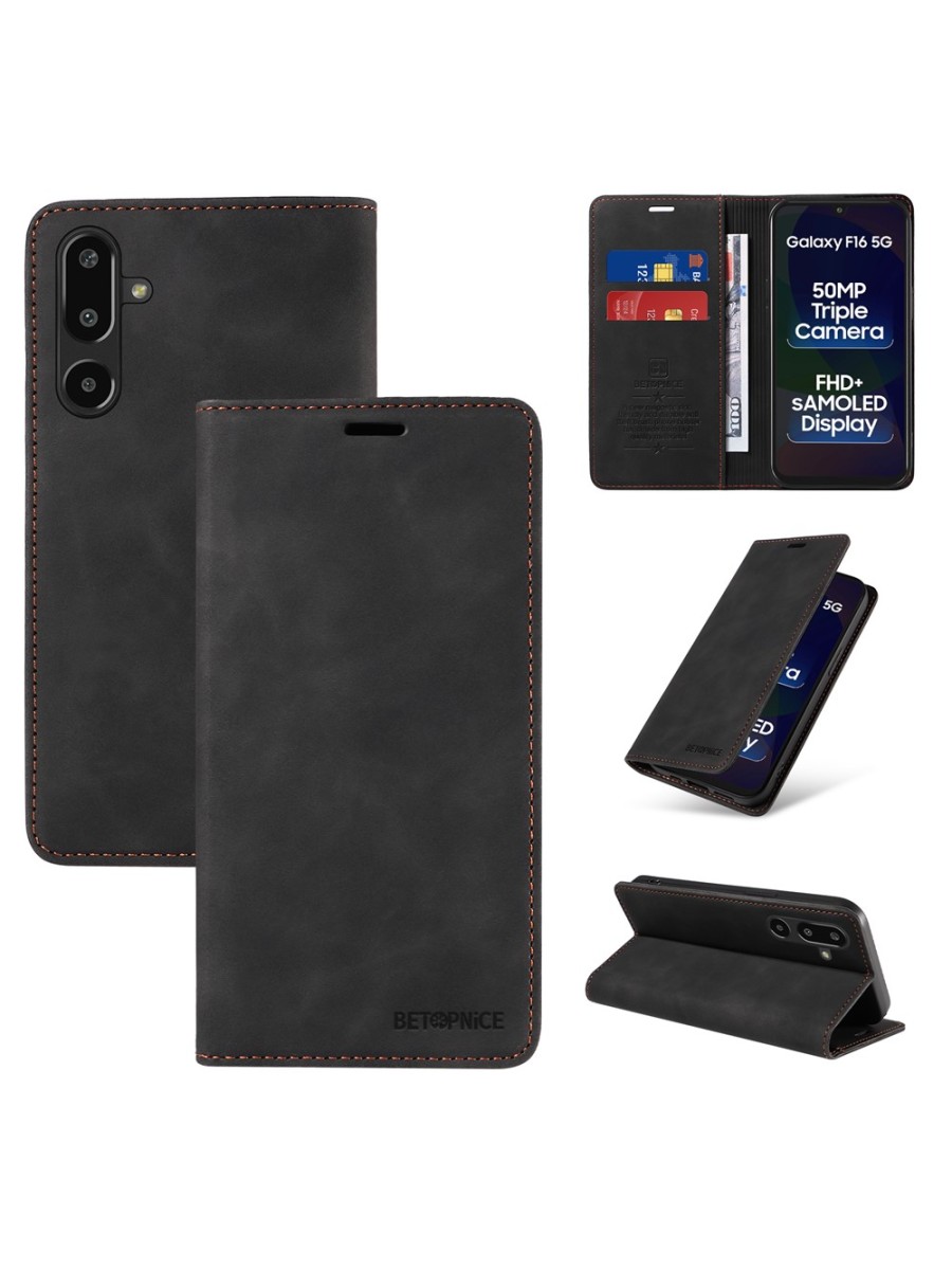 Калъф от еко кожа тип портмоне с RFID  блокираща технология за Samsung Galaxy M16 - черен