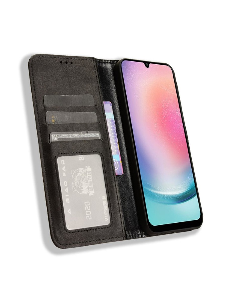 Калъф от еко кожа с ретро текстура тип портмоне за Samsung Galaxy M55 - черен