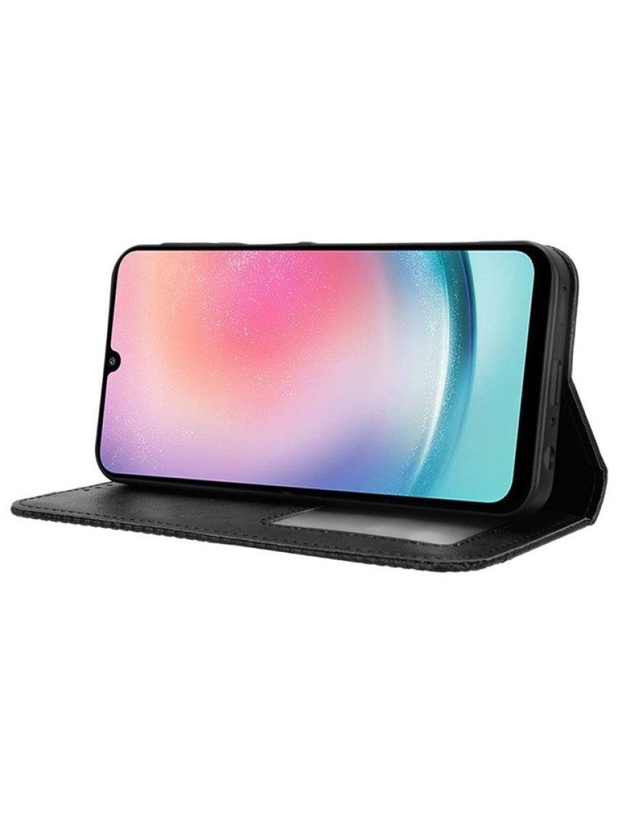 Калъф от еко кожа с ретро текстура тип портмоне за Samsung Galaxy M55 - черен
