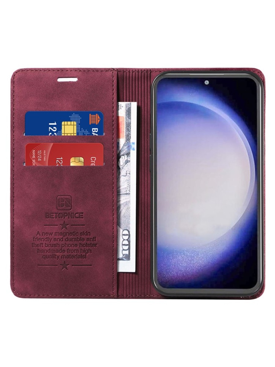 Калъф от еко кожа тип портмоне с RFID  блокираща технология за Samsung Galaxy S23 FE - червен