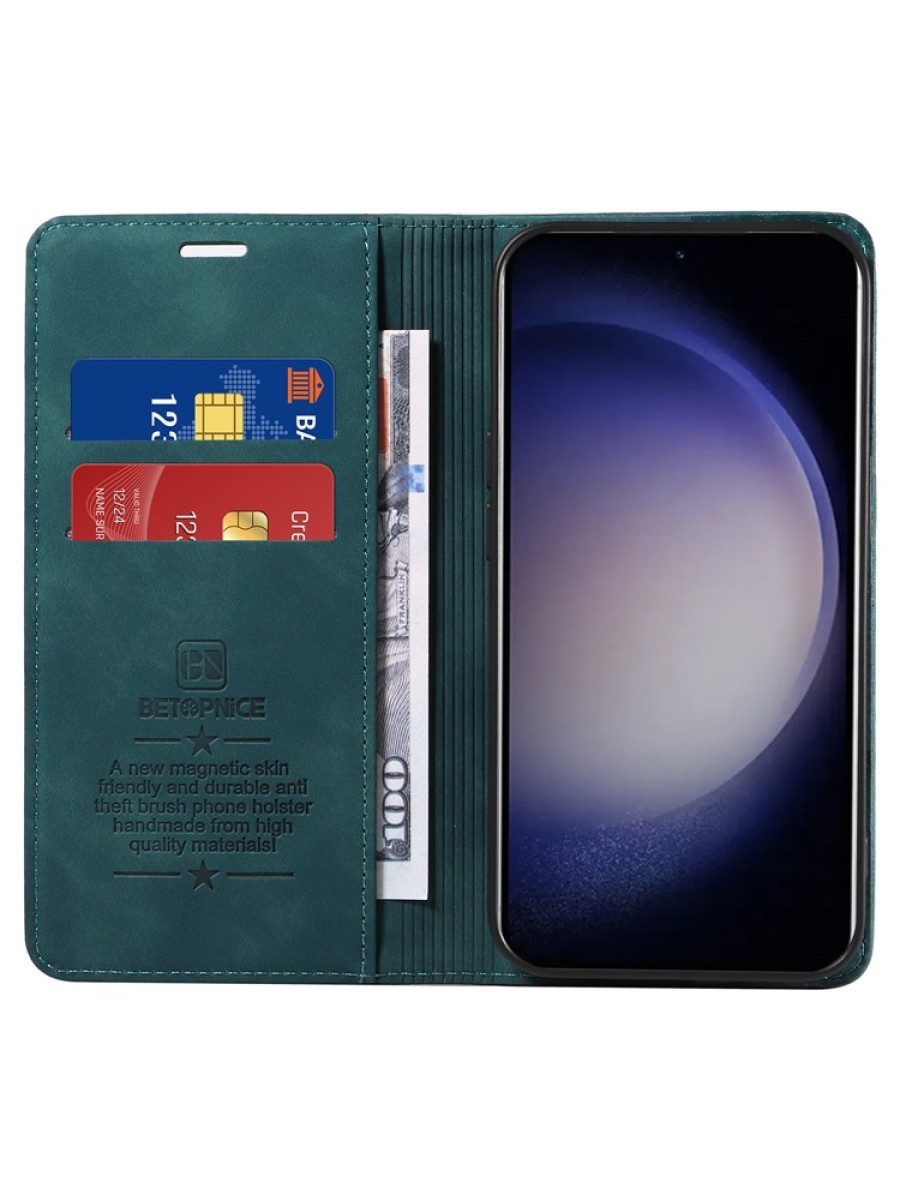 Калъф от еко кожа тип портмоне с RFID  блокираща технология за Samsung Galaxy S24+ - зелен