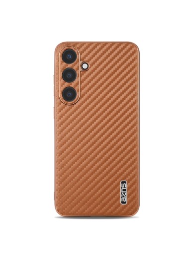 Предпазен гръб с галванично покритие и еко кожа за Samsung Galaxy S25 - кафяв