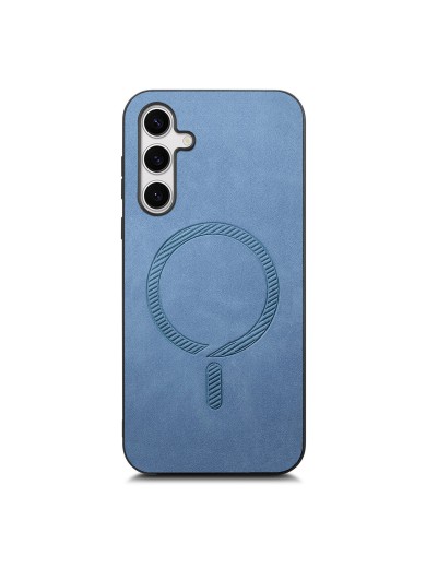 Предпазен гръб от еко кожа съвместим с MagSafe за Samsung Galaxy S25 - син