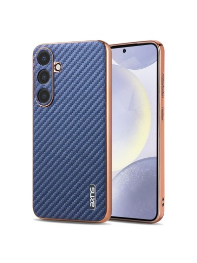 Предпазен гръб с галванично покритие и еко кожа за Samsung Galaxy S25 - син