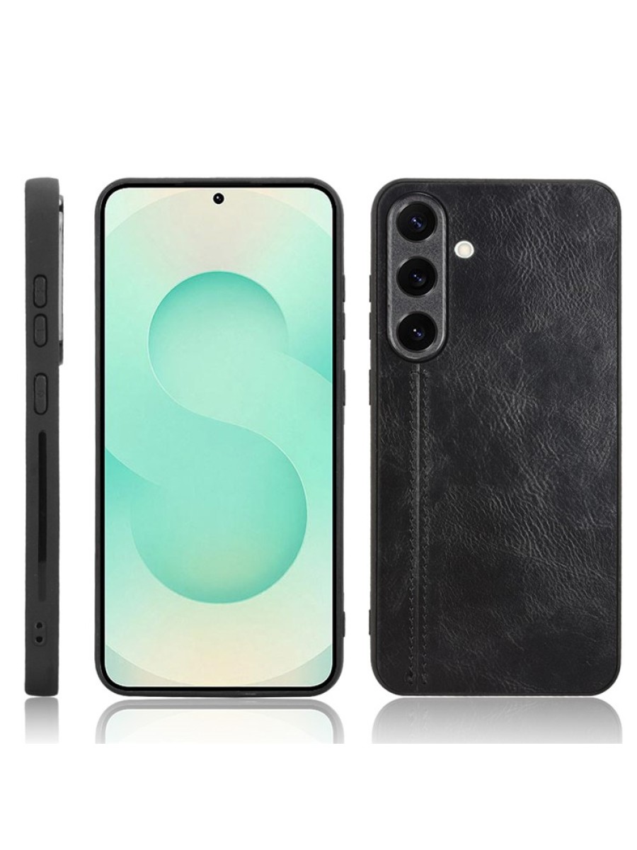 Предпазен гръб с текстура на телешка кожа за Samsung Galaxy S25+ - черен