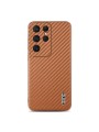 Предпазен гръб с галванично покритие и еко кожа за Samsung Galaxy S25 Ultra - кафяв