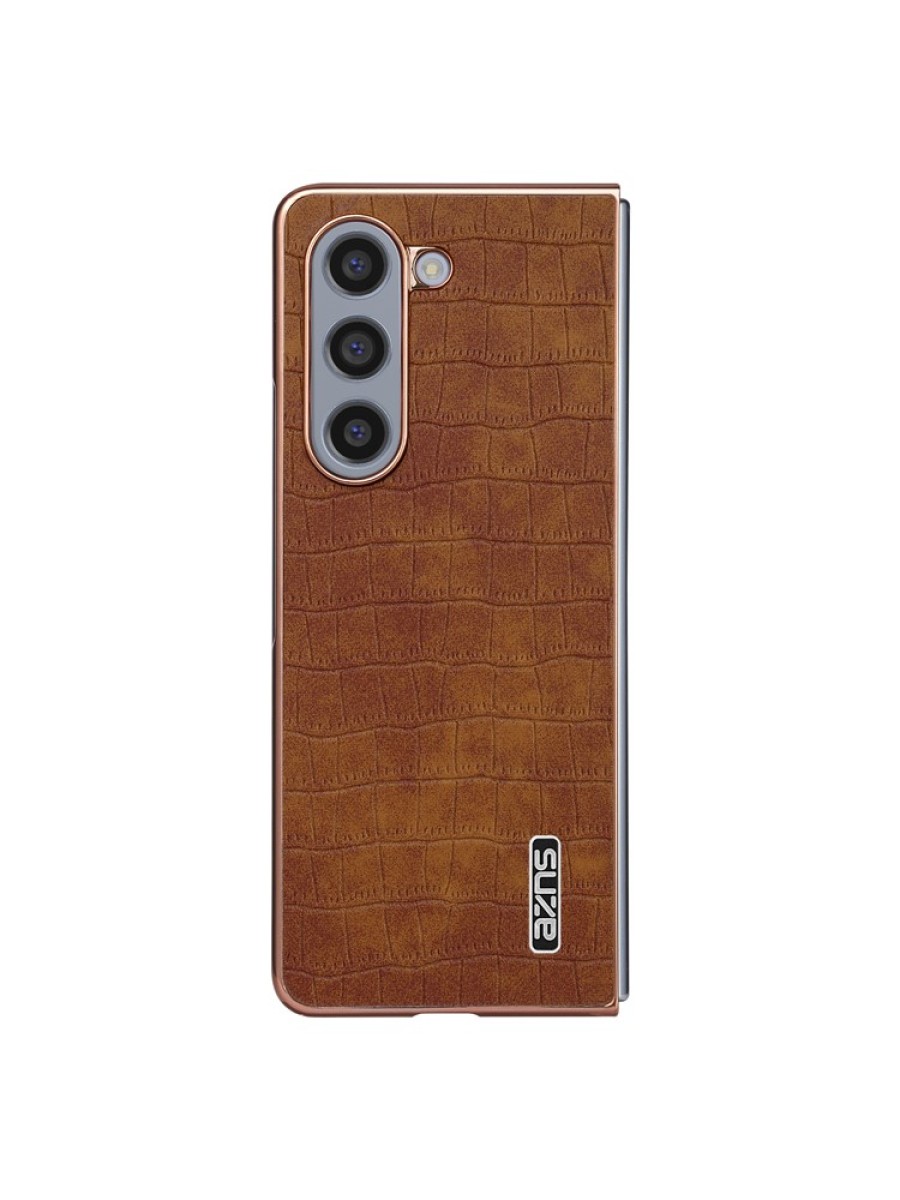 Предпазен гръб от еко кожа с крокодилски шарки за Samsung Galaxy Z Fold5 - кафяв