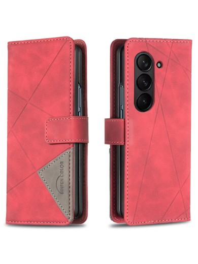 Калъф от еко кожа тип портмоне с геометрични линии за Samsung Galaxy Z Fold6 - червен