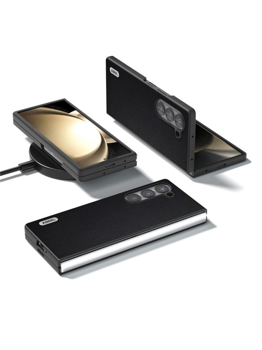 Удароустойчив калъф от телешка кожа и поликарбонат за Samsung Galaxy Z Fold6 - черен