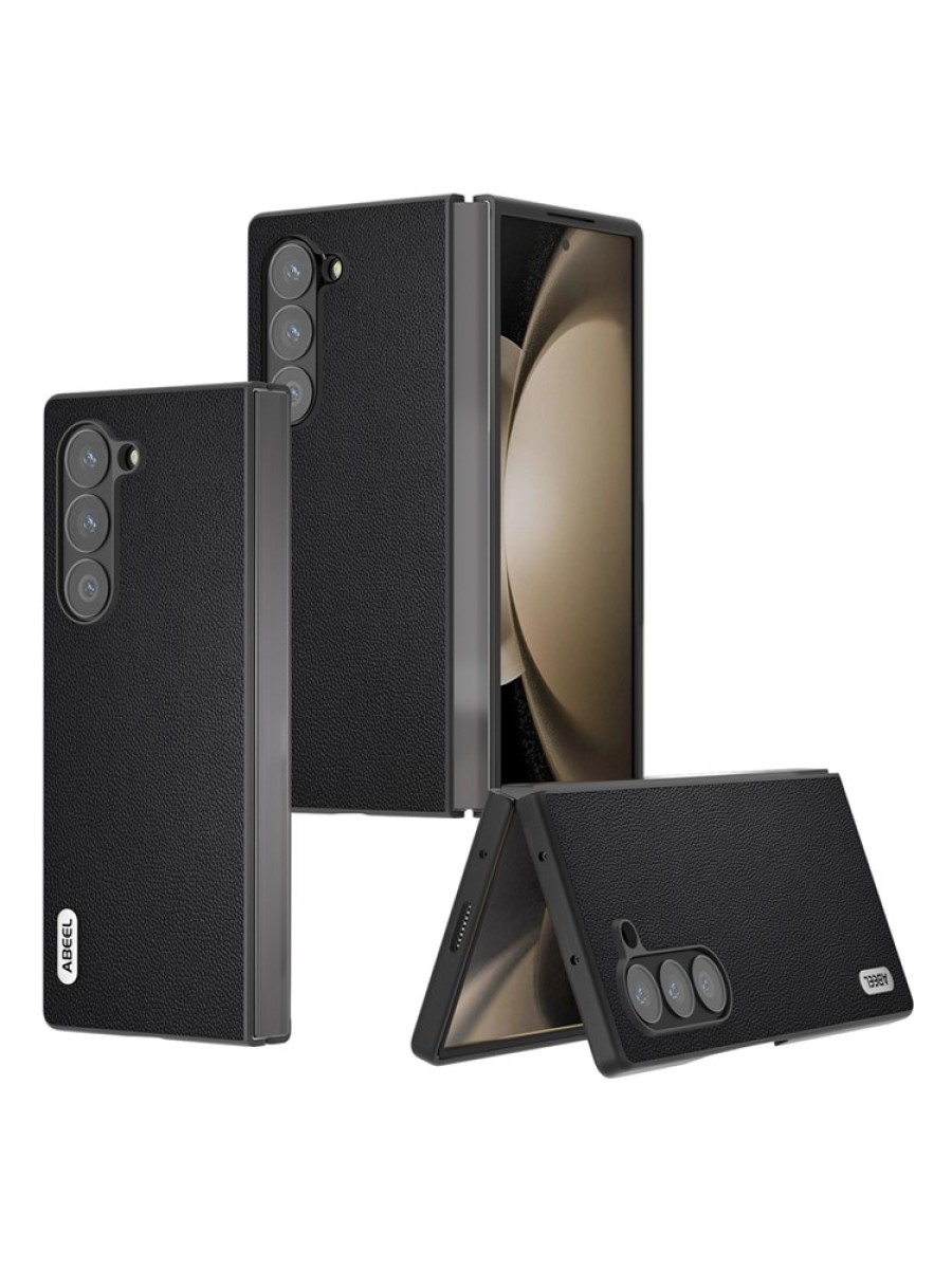 Удароустойчив калъф от телешка кожа и поликарбонат за Samsung Galaxy Z Fold6 - черен
