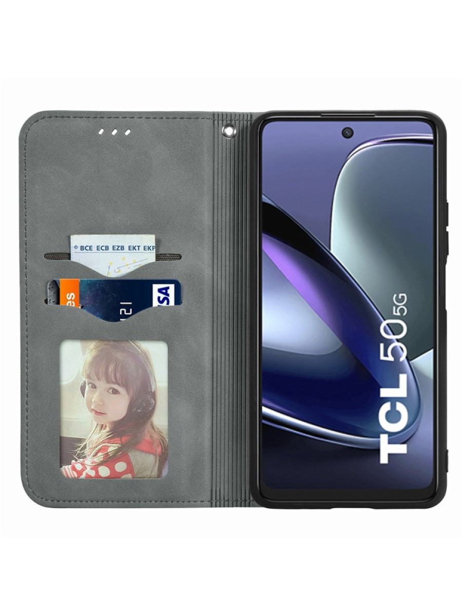 Калъф от еко кожа тип портмоне за TCL 50 5G - сив