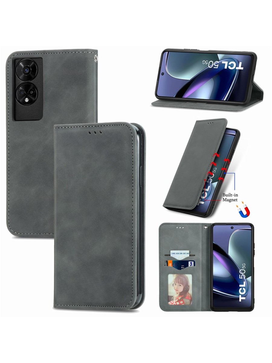 Калъф от еко кожа тип портмоне за TCL 50 5G - сив
