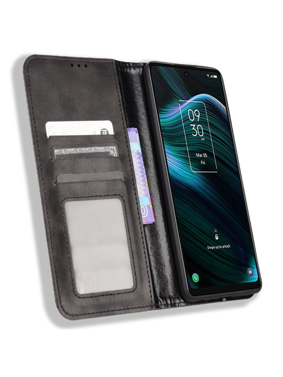 Калъф от еко кожа тип портмоне за TCL Stylus - черен
