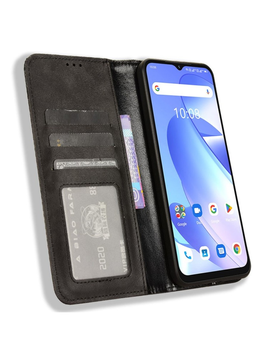 Калъф от еко кожа с ретро текстура тип портмоне за Umidigi G3 Max - черен