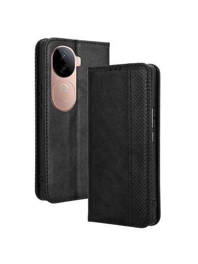 Калъф от еко кожа с ретро текстура тип портмоне за vivo iQOO Z9s - черен Калъф от еко кожа с ретро текстура тип портмоне за vivo iQOO Z9s - черен