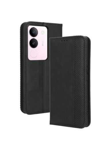 Калъф от еко кожа с ретро текстура тип портмоне за vivo S17 - черен