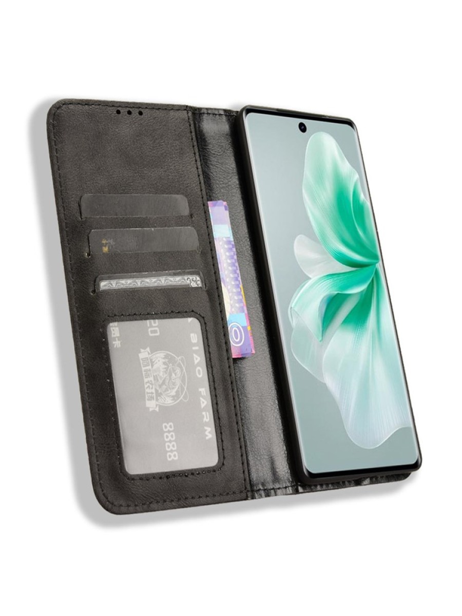 Калъф от еко кожа с ретро текстура тип портмоне за vivo V30 - черен