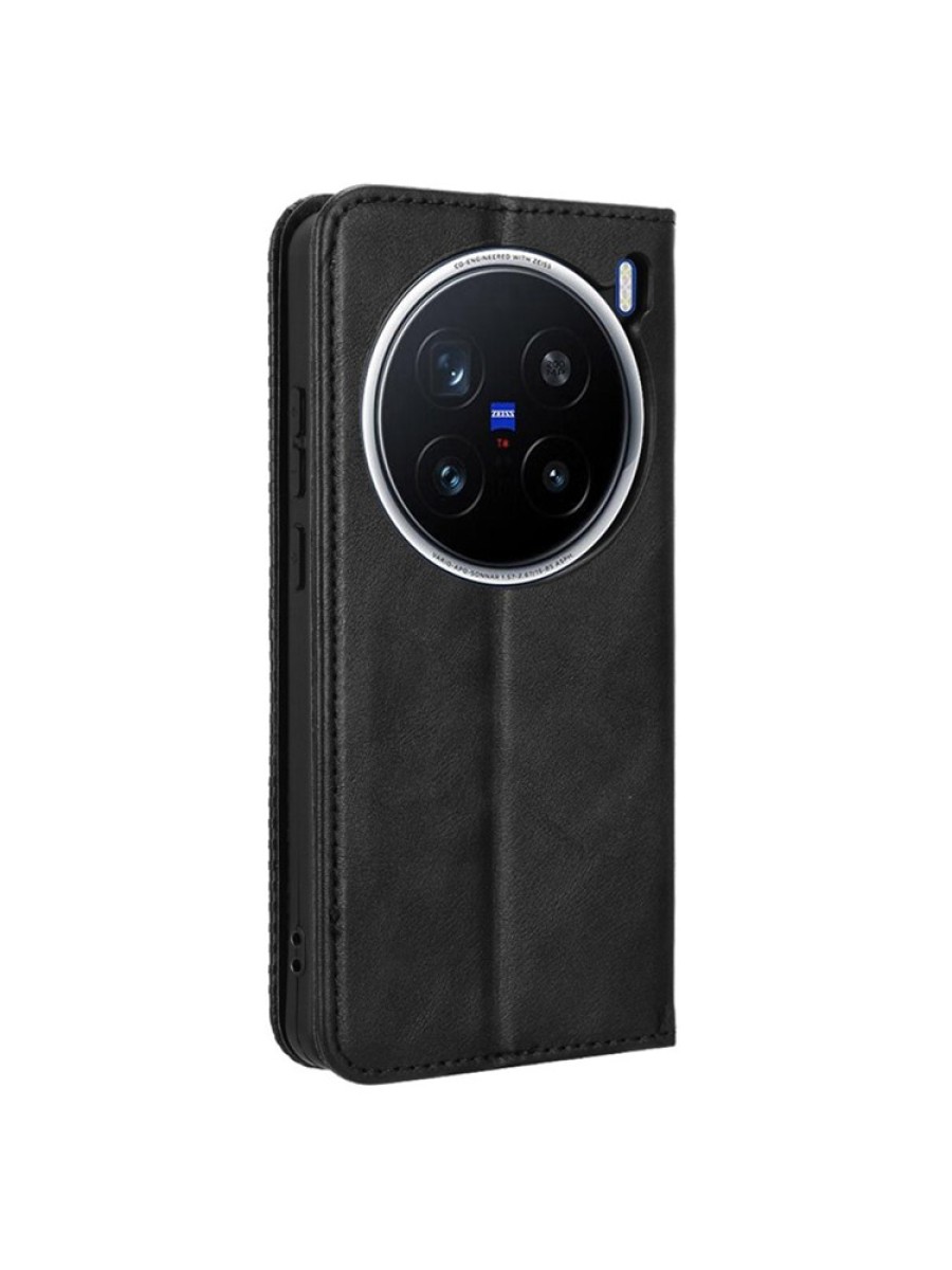 Калъф от еко кожа с ретро текстура тип портмоне за vivo X200 Pro - черен