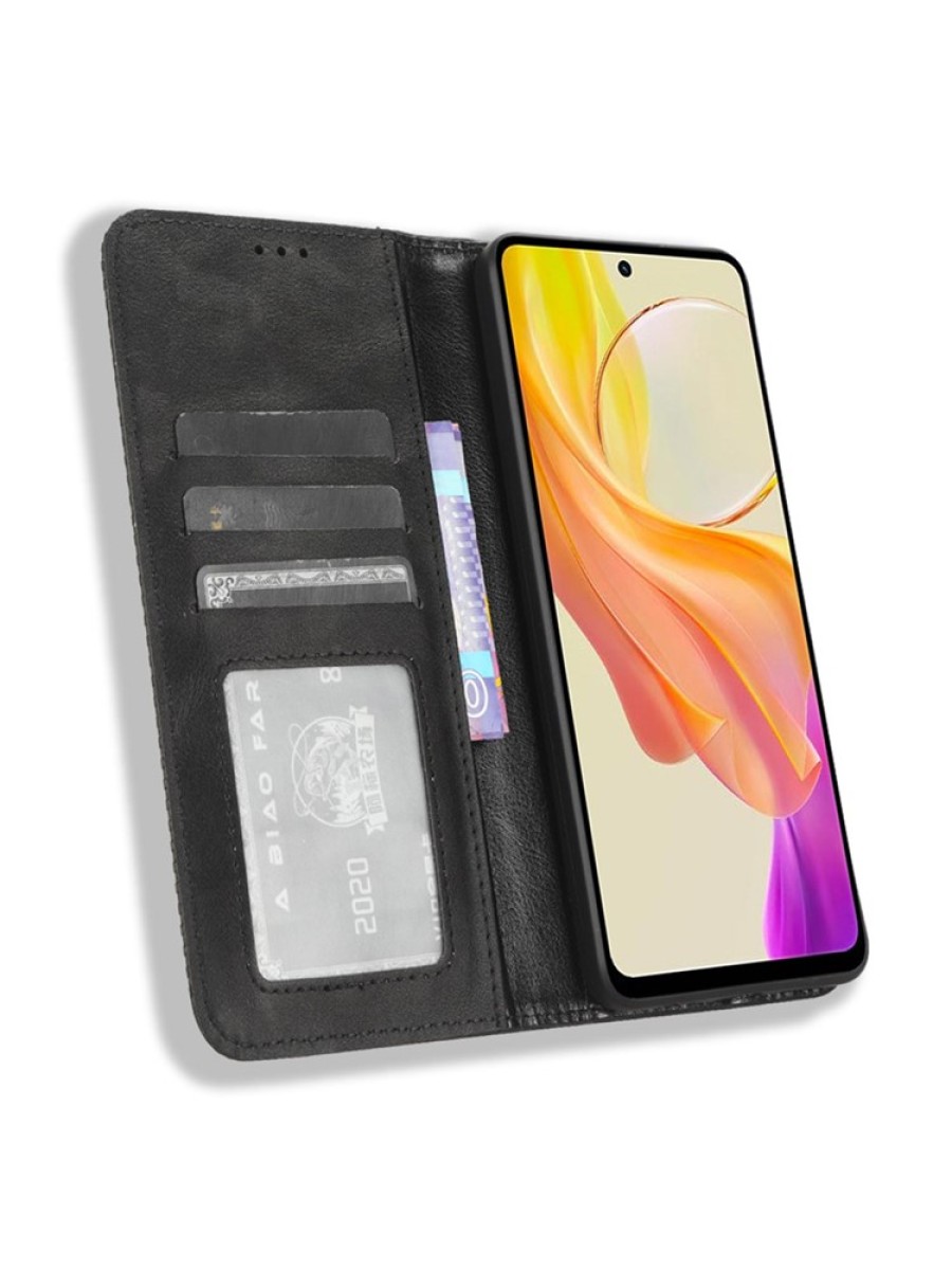 Калъф от еко кожа с ретро текстура тип портмоне за vivo Y36 5G - черен