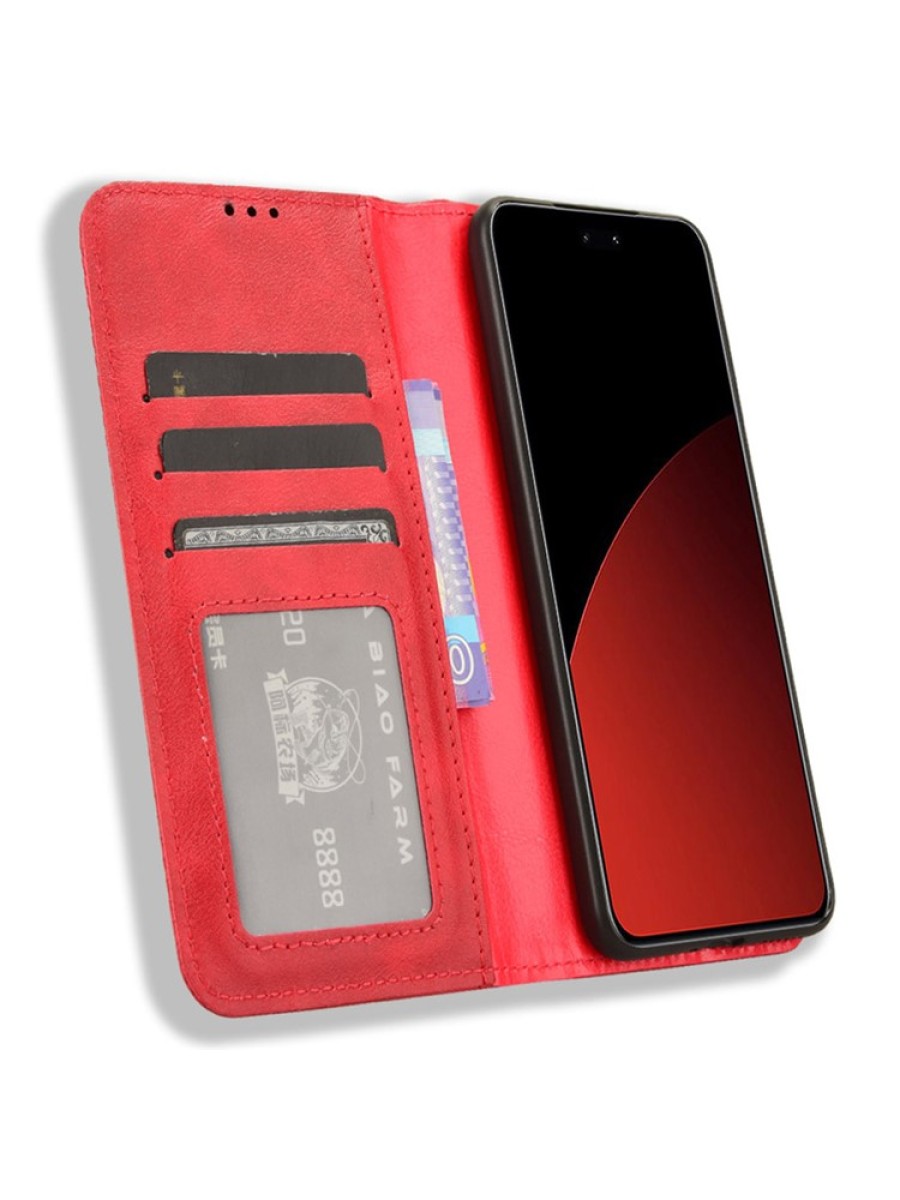 Калъф от еко кожа с ретро текстура тип портмоне за Xiaomi 14 Civi - червен