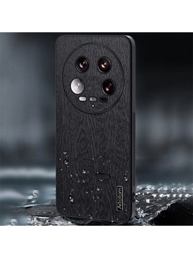 Удароустойчив гръб от еко кожа  с дървесна текстура за Xiaomi 14 Ultra - черен