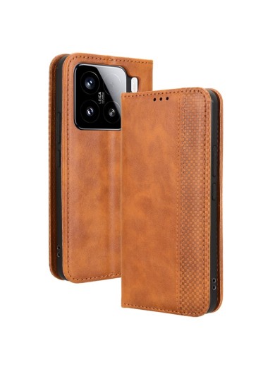 Калъф от еко кожа с ретро текстура тип портмоне за Xiaomi 15 Pro - кафяв