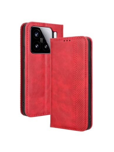 Калъф от еко кожа с ретро текстура тип портмоне за Xiaomi 15 Pro - червен